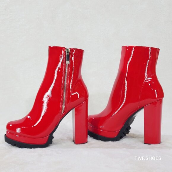 Wild Diva Vivian Red Patent Chunky Heel Platform Ankle Boots New - Picture 1 of 8